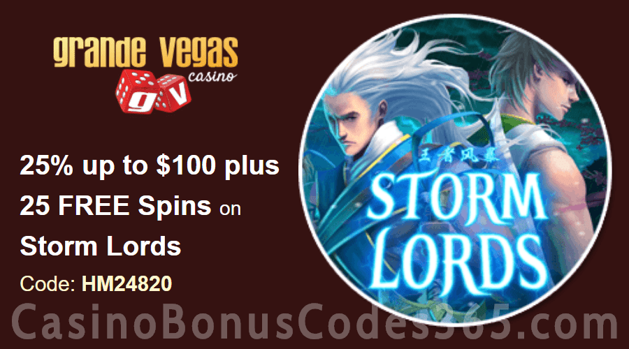 Grande Vegas Casino 25% up to $100 plus 50 FREE RTG Storm Lords Spins on Special Monday Promo