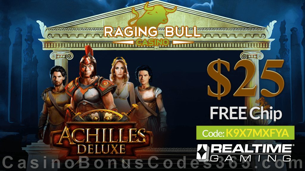 Raging Bull Casino $25 FREE Chip New RTG Game  Achilles Deluxe Pre Launch Special No Deposit Offer