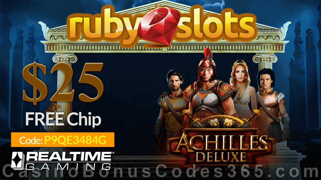 RubySlots $25 FREE Chip New RTG Game  Achilles Deluxe Special No Deposit Promo