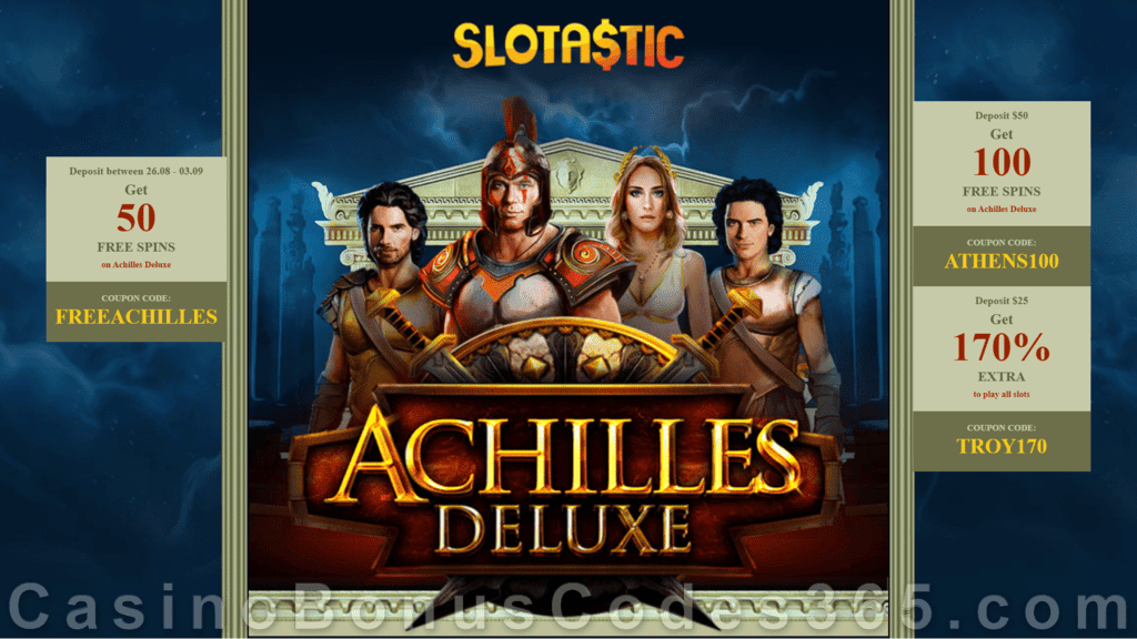 Slotastic Online Casino New RTG Game Achilles Deluxe Bonus and FREE Spins Special Offer