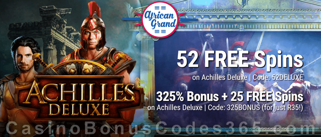 African Grand Online Casino 52 FREE Achilles Deluxe Spins and 325% Match Bonus plus 25 FREE Spins Special New RTG Game Welcome Deal