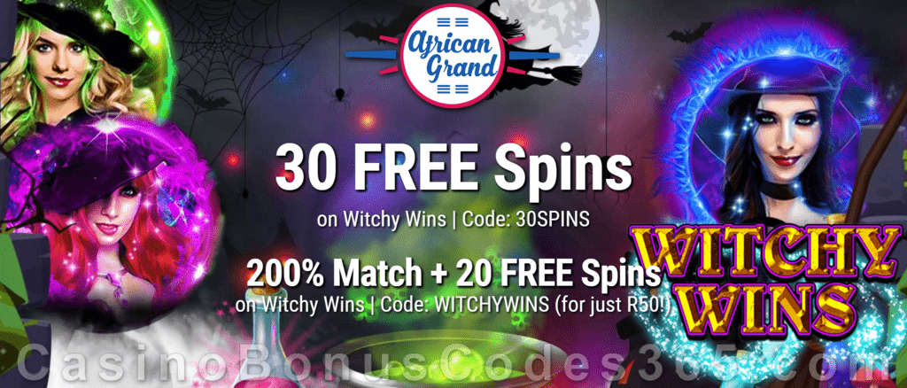 African Grand Online Casino 30 FREE Witchy Wins Spins and 200% Match Bonus plus 20 FREE Spins Special New RTG Game Welcome Deal