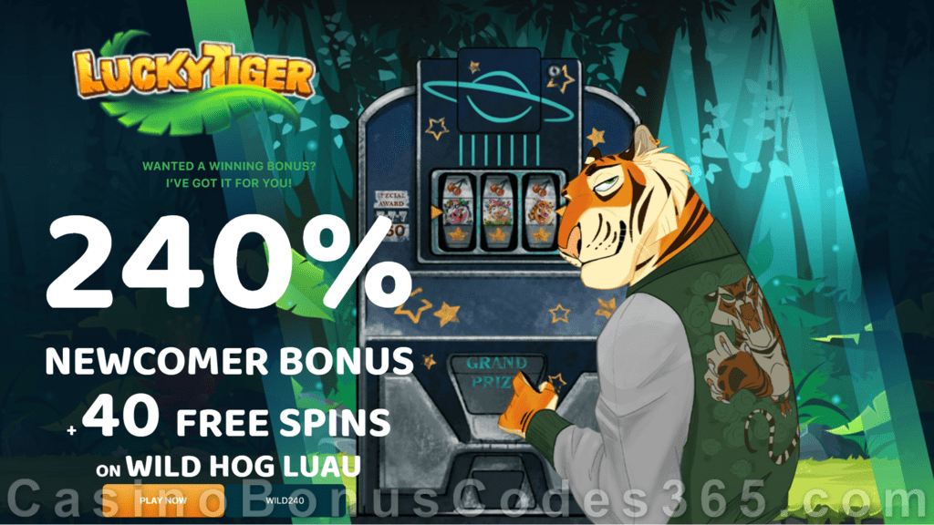 Lucky Tiger Casino 240% Match plus 40 FREE RTG Wild Hog Luau Spins New Players Welcome Bonus