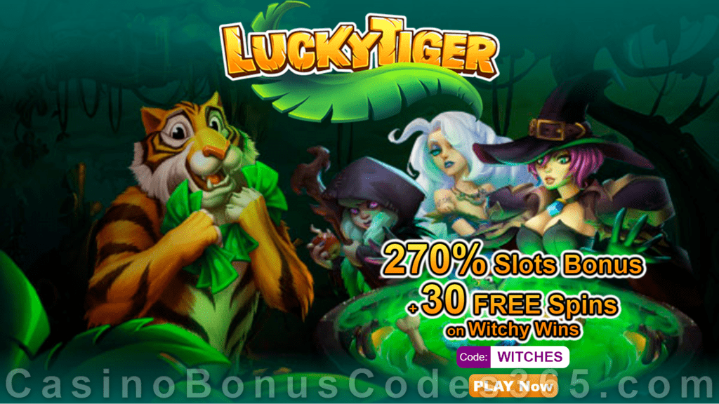 Lucky Tiger Casino Witchy Wins New RTG Game 270% Match Bonus plus 30 FREE Spins Special Welcome Offer