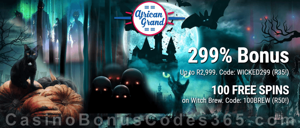 African Grand Online Casino 100 FREE Witch’s Brew Spins and 299% Match Bonus plus 20 FREE Spins Special New RTG Game Welcome Deal