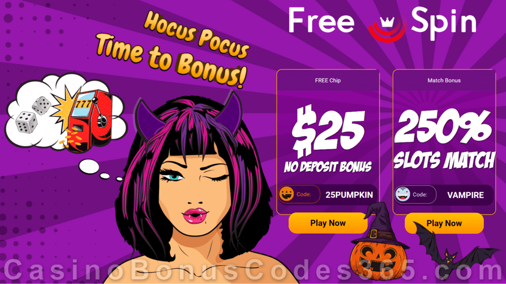 FREE Spin Casino $25 FREE Chip and 250% Slots Match Special Halloween Bonus