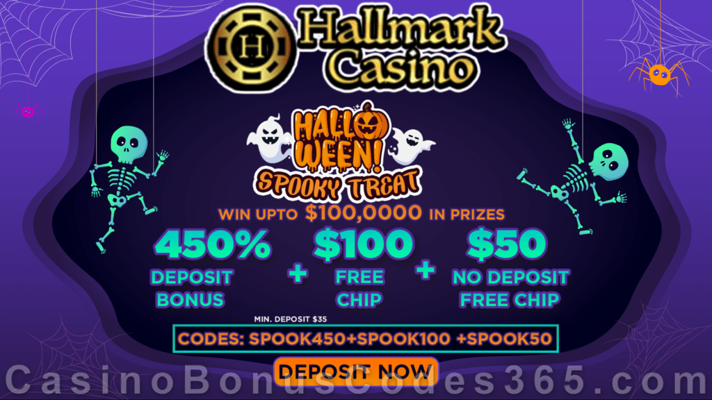 Hallmark Casino $50 No Deposit FREE Chip and 450% Match Bonus plus $100 FREE Chip Special Halloween Spooky Treat