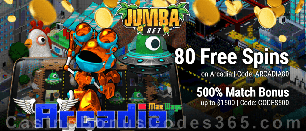 Jumba Bet 80 FREE Saucify Arcadia Spins plus 500% Match Welcome Bonus