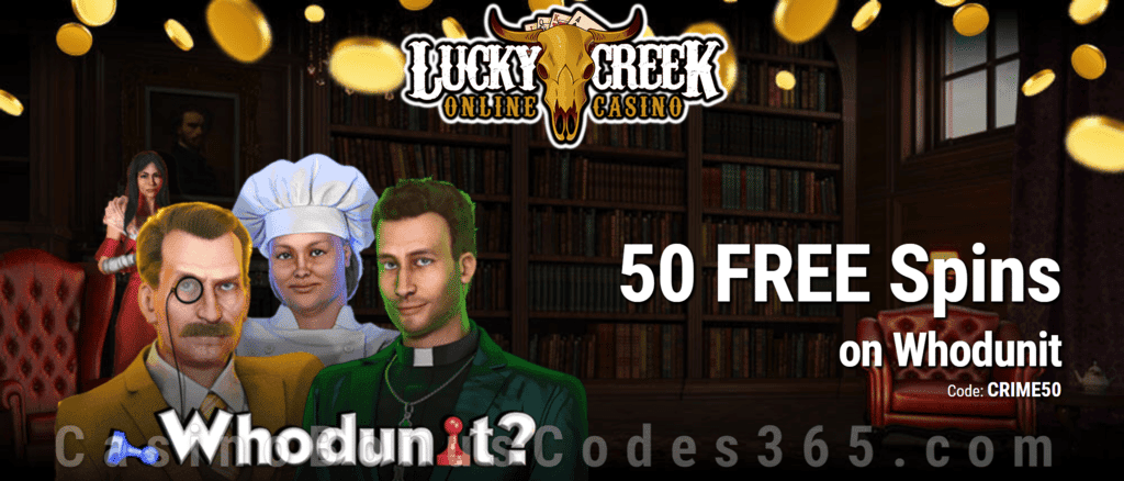 Lucky Creek Exclusive 50 FREE Spins on Saucify Whodunit No Deposit Promo