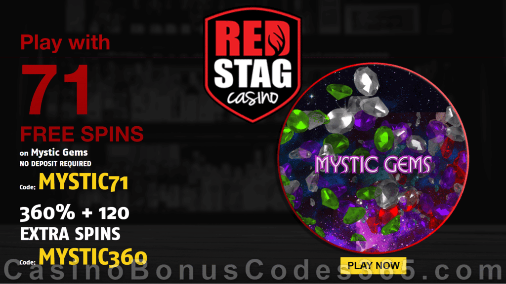 Red Stag Casino 71 FREE Spins on WGS Mystic Gems and 360% Match Bonus plus 120 FREE Spins Welcome Package