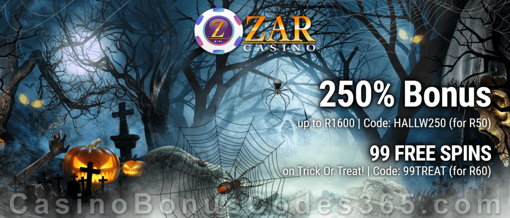 ZAR Casino 99 FREE Spins on Saucify Trick or Treat plus 250% Match Bonus New Players Promotion