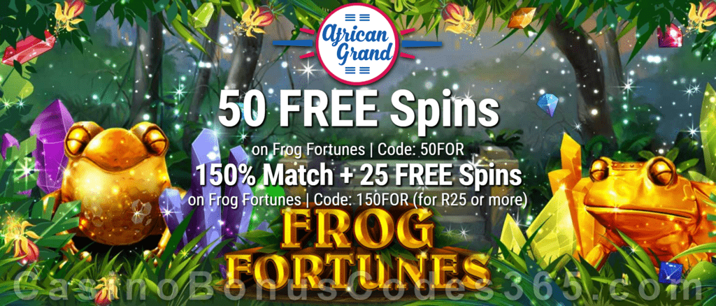 African Grand Online Casino 50 FREE Frog Fortunes Spins and 150% Match Bonus plus 25 FREE Spins Special New RTG Game Welcome Deal