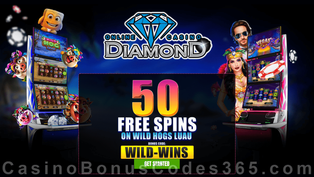 Diamond Reels Casino 50 FREE Spins on RTG Wild Hog Luau Exclusive No Deposit Welcome Bonus