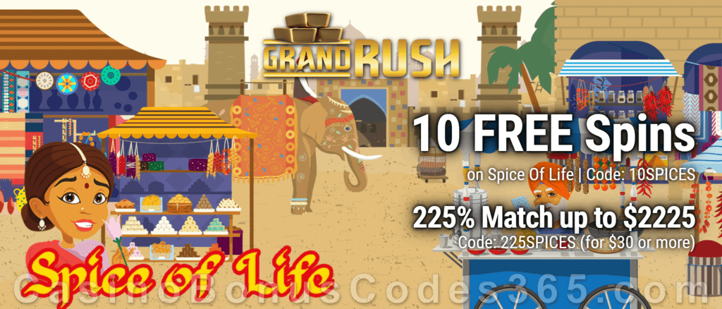 Grand Rush 10 FREE Saucify Spice of Life Spins and 225% Match plus 60 FREE Spins Special Welcome Bonus Pack