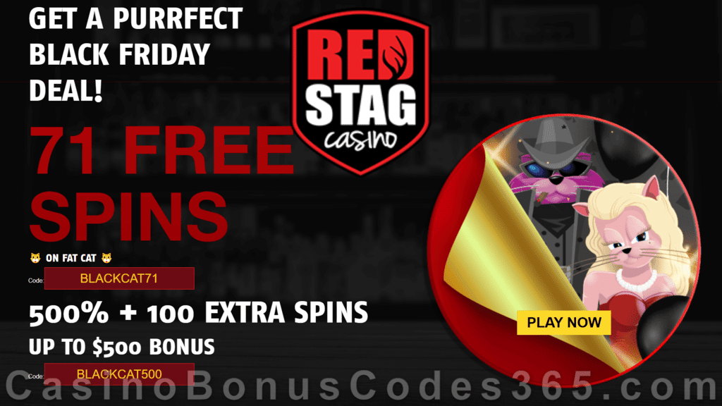 Red Stag Casino 71 FREE Spins on WGS Fat Cat and 500% Match Bonus plus 100 FREE Spins Massive Black Friday Deal