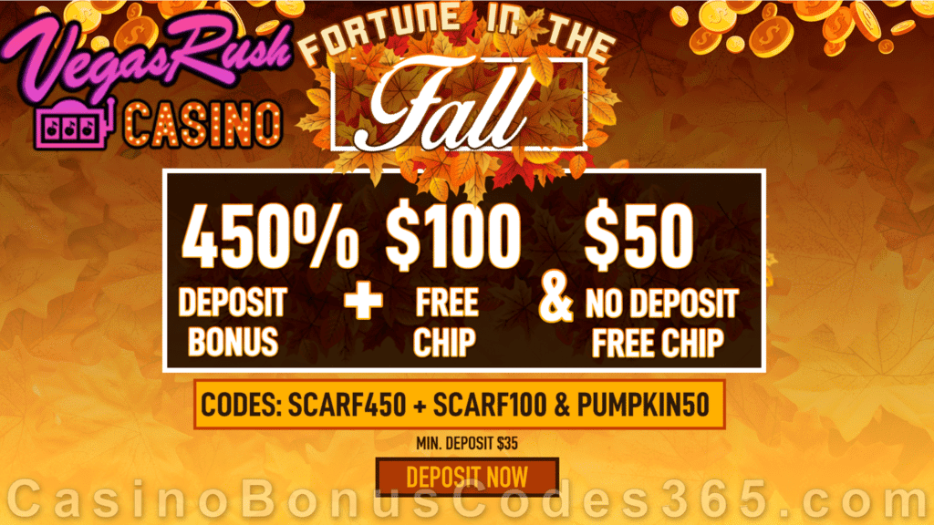 Vegas Rush Casino $50 No Deposit FREE Chip and 450% Match plus $100 FREE Chip Fortune in the Fall Mega Offer