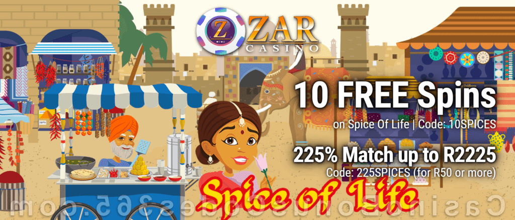 ZAR Casino 10 FREE Spins on Saucify Spice of Life plus 225% Match Bonus New Players Promotion