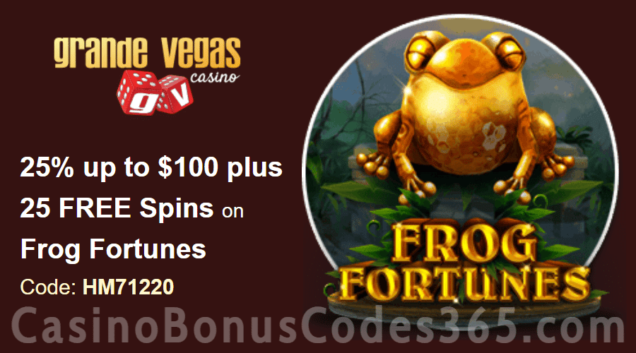 Grande Vegas Casino 25% up to $100 plus 50 FREE Spins on RTG Frog Fortunes Special Weekly Deal