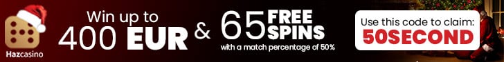 Haz Casino 50% Match plus 65 FREE Spins on top Festive New Players Offer