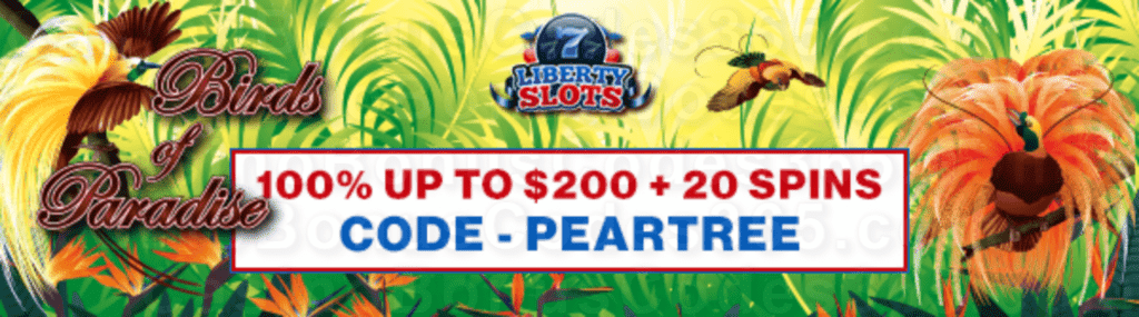 Liberty Slots 100% Match up to $200 Bonus plus 20 FREE WGS Birds of Paradise Spins Special Sign Up Bonus