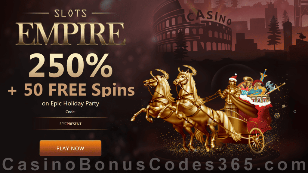 Slots Empire 250% Match Bonus plus 50 FREE Spins RTG Epic Holiday Party Xmas 2020 Special New Players Deal