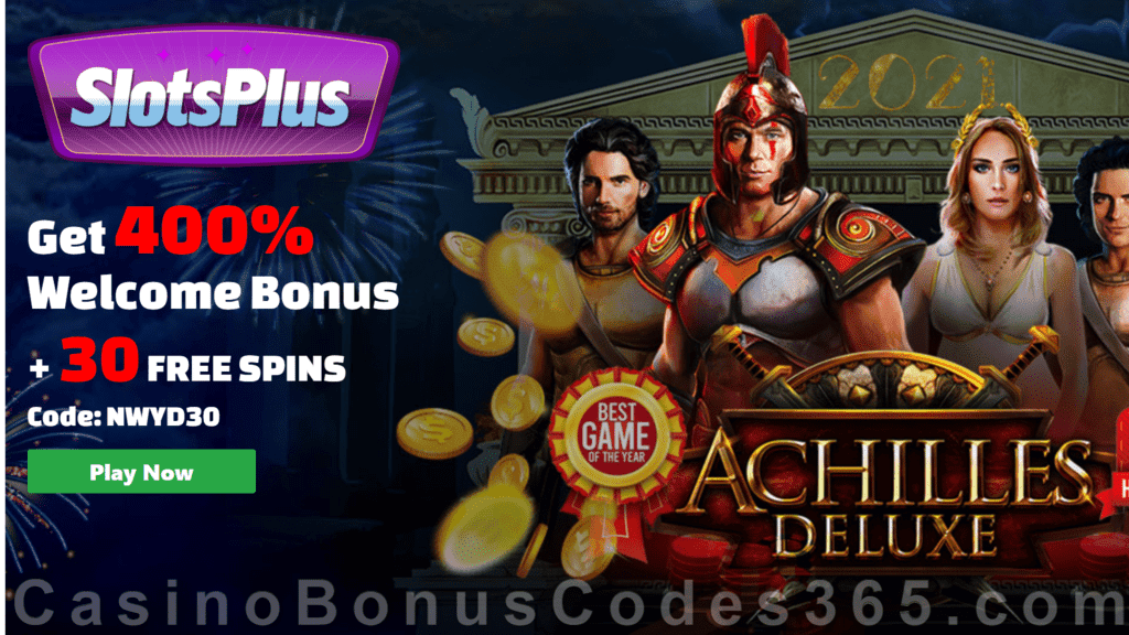 SlotsPlus 30 FREE RTG Achilles Deluxe Spins plus 400% Match Bonus New Year Special Promotion