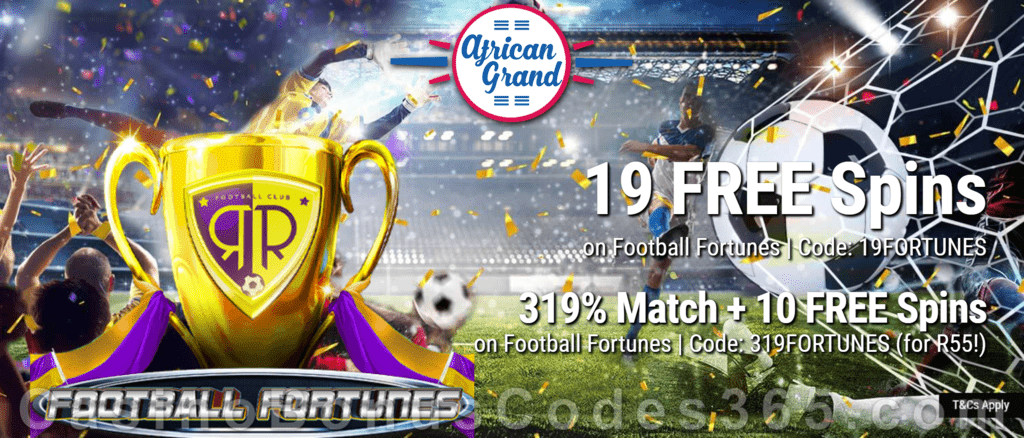 African Grand Online Casino 19 FREE Football Fortunes Spins and 150% Match Bonus plus 25 FREE Spins Special New RTG Game Welcome Deal