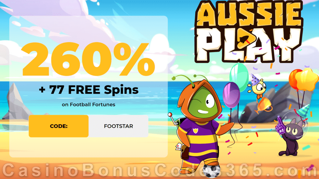 AussiePlay Casino 260% Match Pokies Bonus plus 77 FREE Football Fortunes Spins New RTG Game Welcome Offer