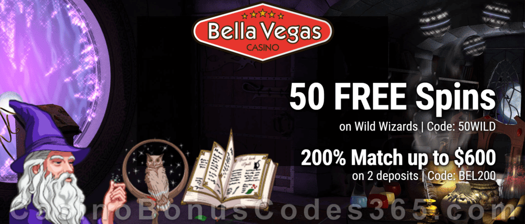 Bella Vegas Casino 50 FREE Saucify Wild Wizards Spins plus 200% Match Bonus Exclusive Offer