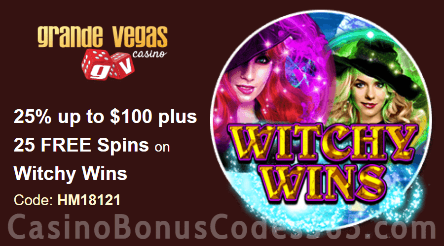 Grande Vegas Casino 25% up to $100 plus 50 FREE RTG Witchy Wins Spins Special Deposit Offer