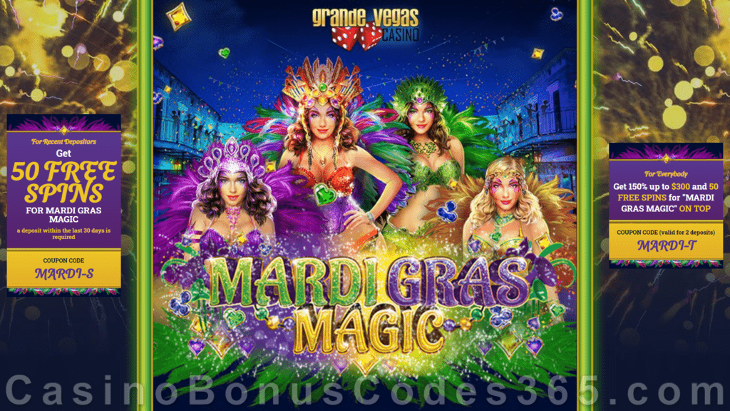 Grande Vegas Casino 150% up to $300 Bonus plus 150 FREE Spins on Mardi Gras Magic New RTG Game Special Promo