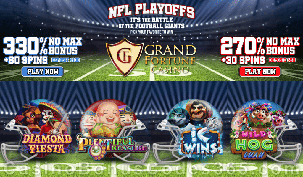 Grand Fortune Casino NFL Playoffs Games Battle Weekend Bonuses RTG Diamond Fiesta IC Wins Plentiful Treasure Wild Hog Luau