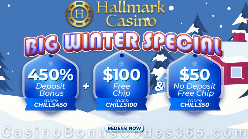 Hallmark Casino Amazing $50 No Deposit FREE Chip and 450% Match Bonus plus $100 FREE Chip Promotion