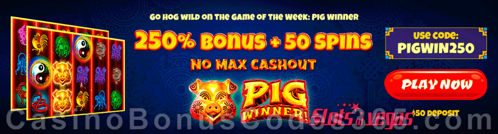 Slots of Vegas 250% Match No Max Bonus plus 50 FREE Spins on RTG Pig Winner Game of the Week Special Promo