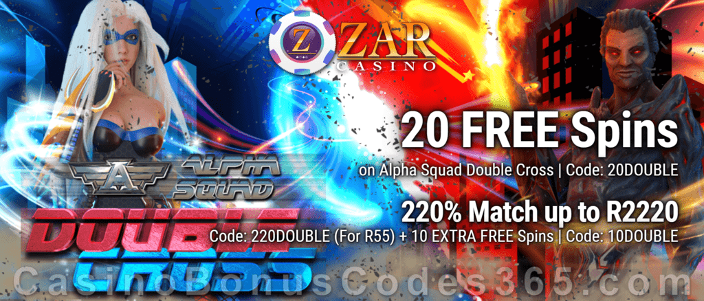 ZAR Casino 20 FREE Spins on Saucify Alpha Squad Double Cross plus 220% + 10 FREE Spins on Alpha Squad Double Cross Match Bonus New Players Promotion