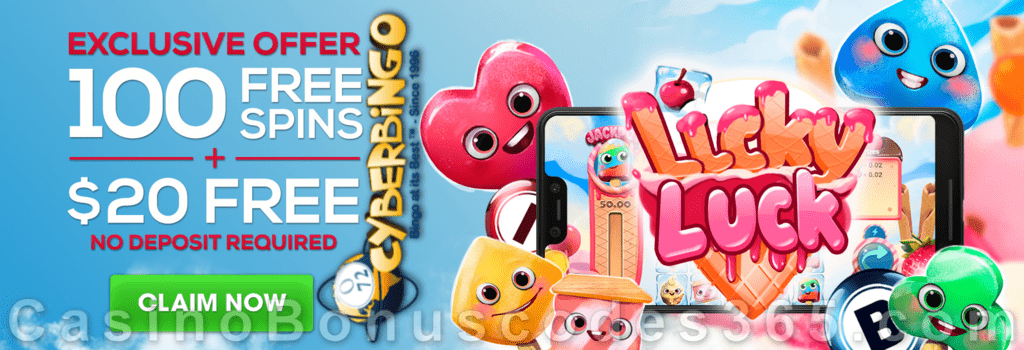 CyberBingo 100 FREE Mobilots Licky Luck Spins plus $20 FREE Bingo Bonus and 500% Match First Deposit Bonus Welcome Deal