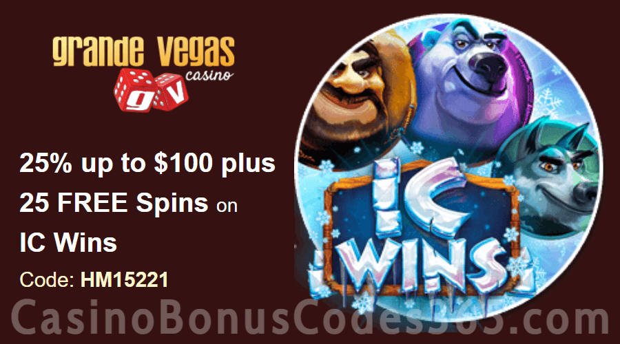 Grande Vegas Casino 25% up to $100 plus 50 FREE RTG IC Wins Spins Special Weekly Offer