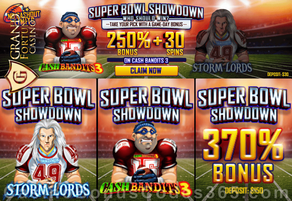 Grand Fortune Casino Super Bowl Showdown Weekend Bonuses RTG Cash Bandist 3 Storm Lords