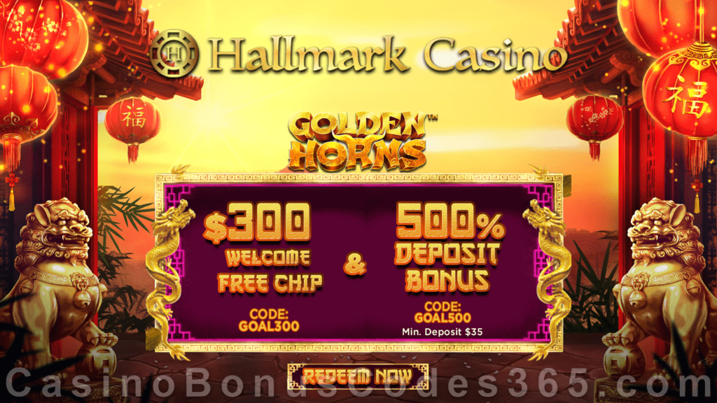 Hallmark Casino $300 No Deposit FREE Chip plus 500% Match Bonus Betsoft Golden Horns Super Promo