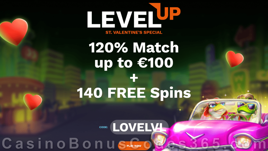 LevelUp Casino 120% Match plus 140 FREE Spins on BGAMING Elvis Frog in Vegas Exclusive St. Valentine's Day Welcome Offer