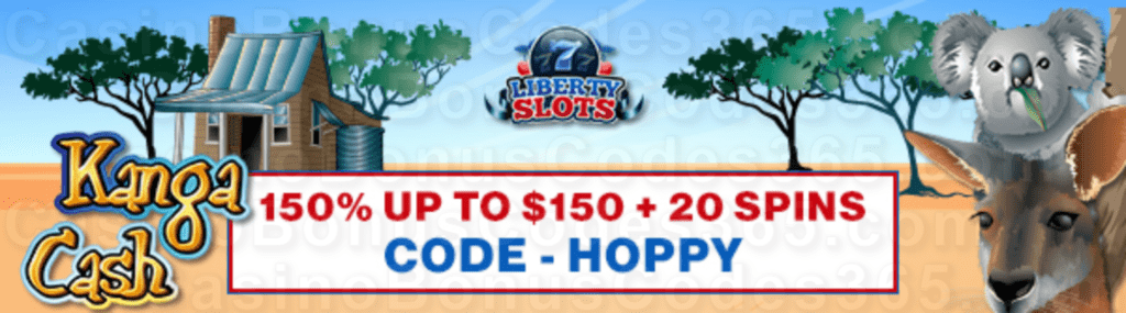 Liberty Slots 150% up to $150 Bonus plus 20 FREE WGS Kanga Cash Spins Welcome Pack