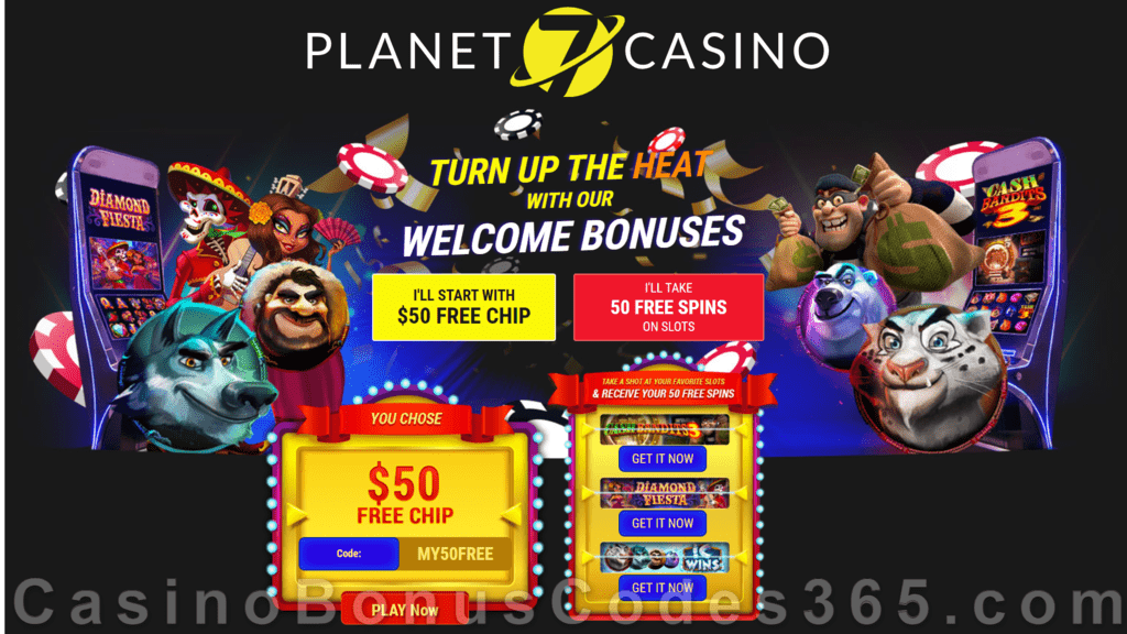 Planet 7 Casino A Choice of $50 FREE Chip or 50 FREE Spins for your Welcome Gift RTG Cash Bandits 3 Diamond Fiesta IC Wins