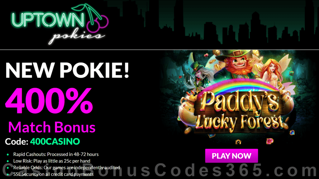 Uptown Pokies New RTG Game Paddy's Lucky Forest $4000 Welcome Offer