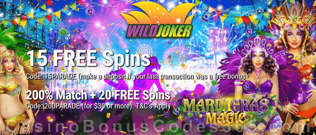 Wild Joker Casino 15 FREE Spins on Mardi Gras Magic and 150% Match plus 25 FREE Spins New RTG Game Special Welcome Package