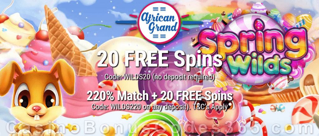 African Grand Online Casino 20 FREE Spring Wilds Spins and 150% Match Bonus plus 25 FREE Spins Special New RTG Game Welcome Deal