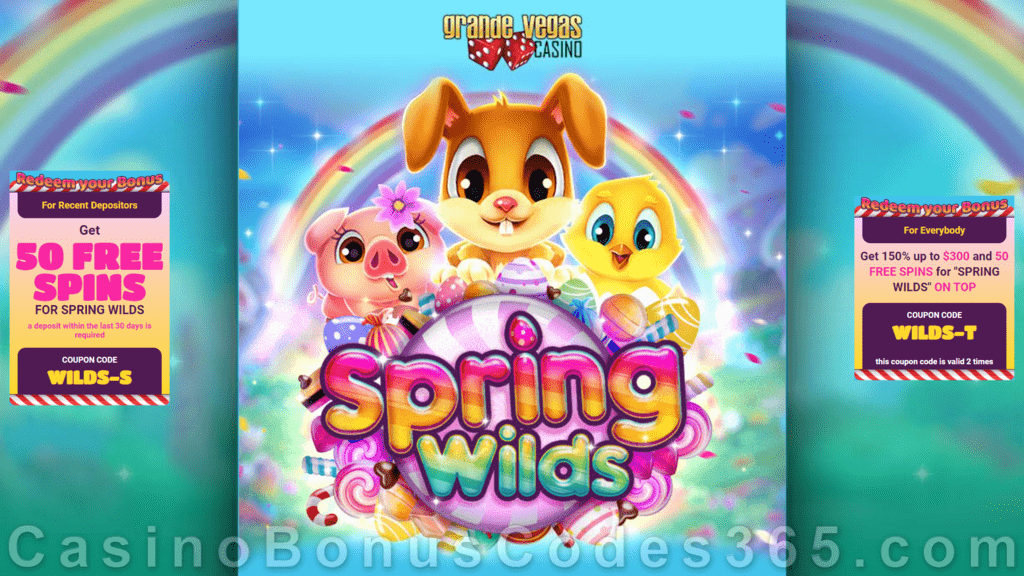 Grande Vegas Casino 150% up to $300 Bonus plus 150 FREE Spins on Spring Wilds New RTG Game Special Promo