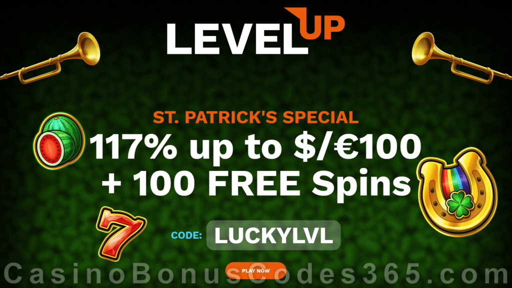 LevelUp Casino 117% Match plus 100 FREE Spins on Four Lucky Clover Exclusive St. Valentine's Day Welcome Offer