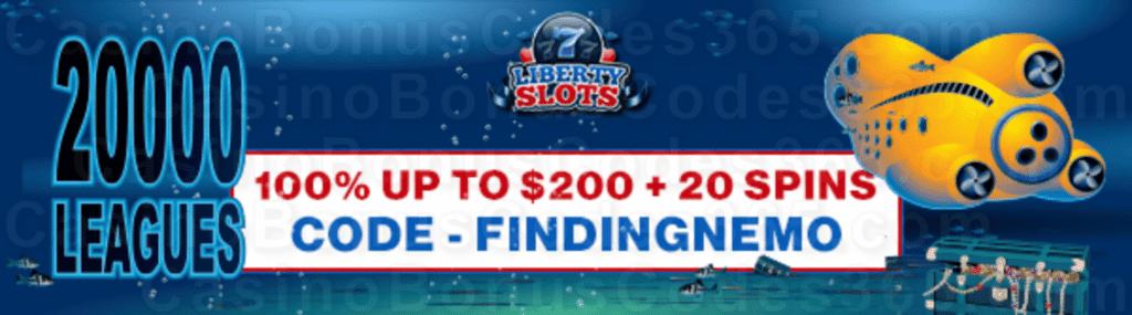 Liberty Slots 100% Match Bonus up to $200 Bonus plus 20 FREE Spins on WGS 20000 Leagues Special Welcome Offer