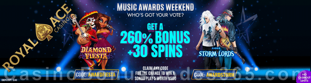 Royal Ace Casino Music Awards Weekend Special Deal RTG Diamond Fiesta Storm Lords