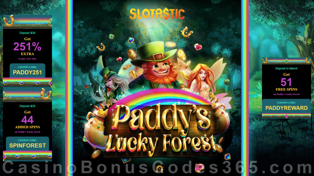 Slotastic Online Casino Paddy's Lucky Forest New RTG Game 25 FREE Spins Offer